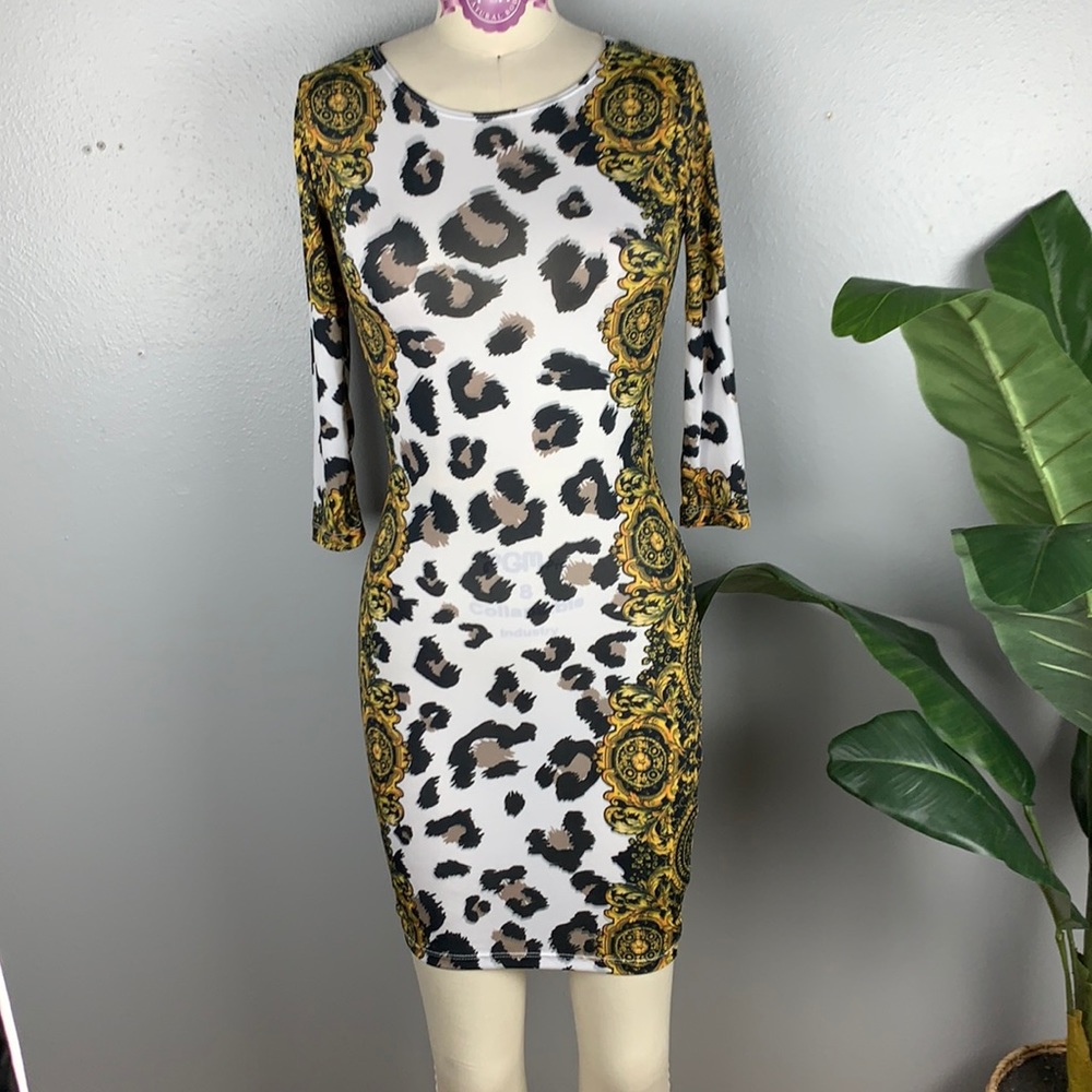 Women’s Fitted Leopard Bodycon Gold & White Dress